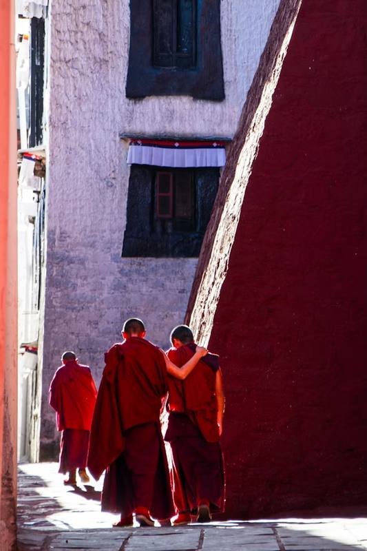 Buddhist monks in red robes beside a red wall